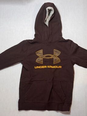 Under Armour Youth Boys Medium Loose Brown Warm Hoodie Pullover Logo Classic